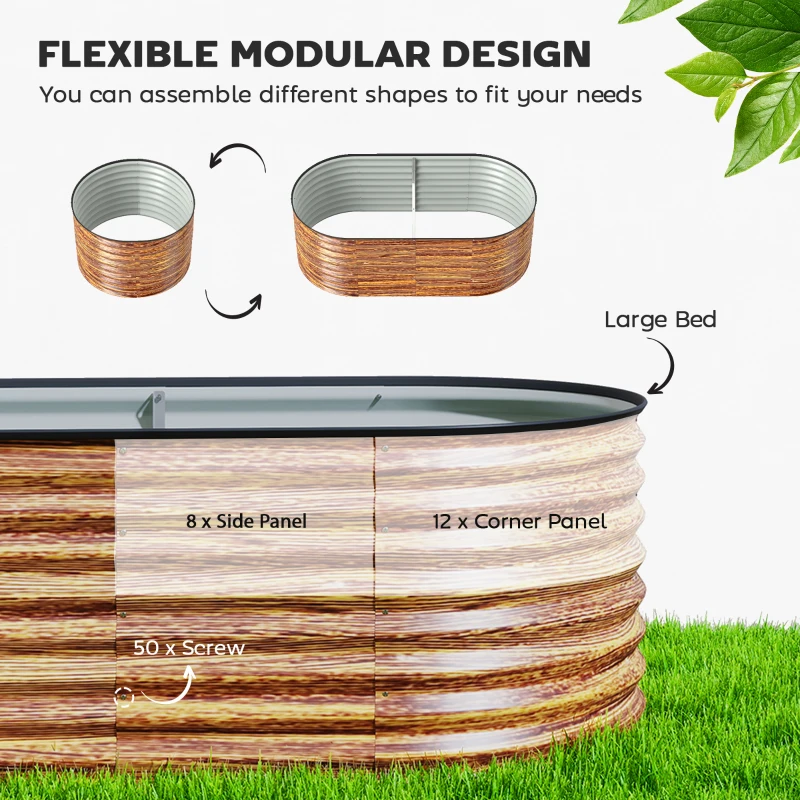 Outsunny 5 x 2.5 x 2 ft Galvanized Raised Garden Bed, Easy DIY Oval Planter Box with Safety Edging and Gloves, Brown Wood Effect