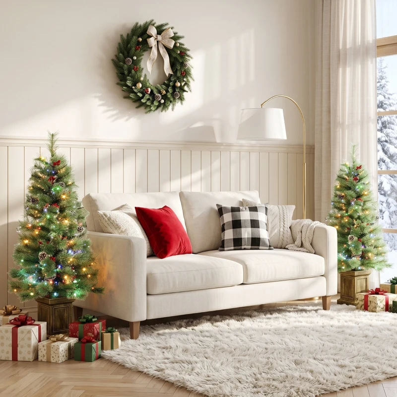 HOMCOM 4ft Pre-Lit Artificial Christmas Tree Set of 2, Xmas Pine Trees, Dual Colors, Remote, Green