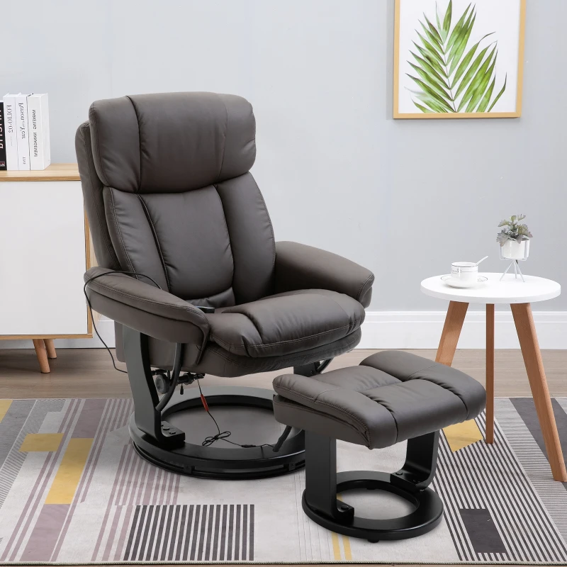 HOMCOM PU Leather Massage Sofa Recliner Chair with Ottoman Heated 10 Point Vibration Swiveling Armchair, Brown