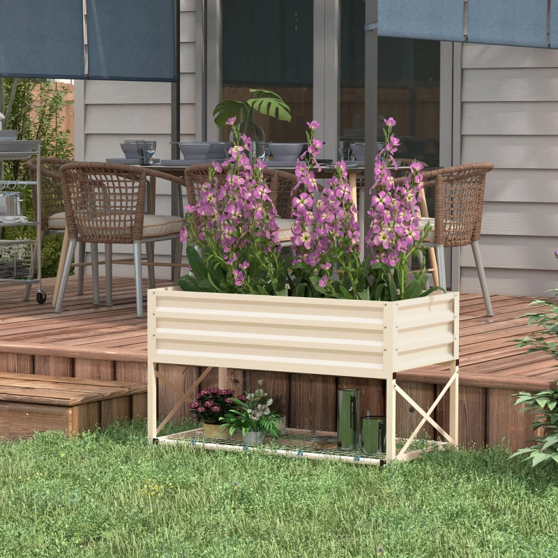 Outsunny Galvanized Raised Garden Bed, Metal Planter Box with Legs, Storage Shelf and Bed Liner, Cream