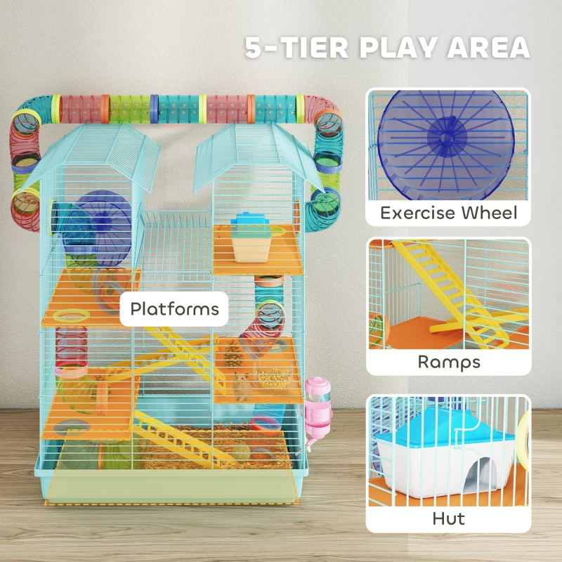 PawHut 18.5" Hamster Cage, 5 Tiers Small Animal House with Tunnel Tube System, Exercise Wheel, Water Bottle, Light Blue