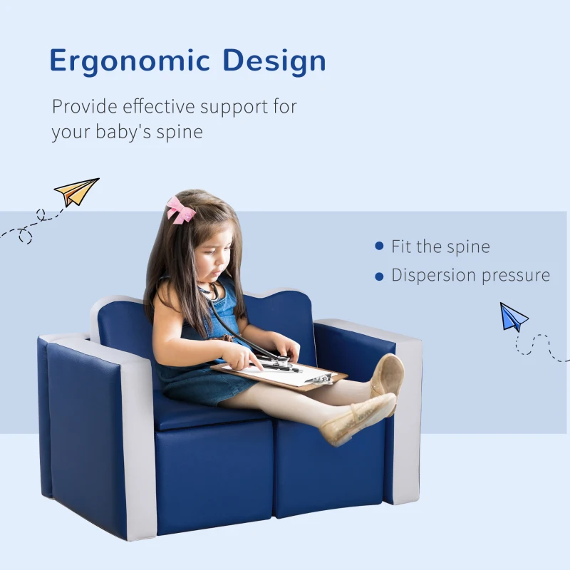 Qaba Kids Sofa Set 2-in-1 Multi-Functional Toddler Table Chair Set 2 Seat Couch Storage Box Soft Sturdy Blue