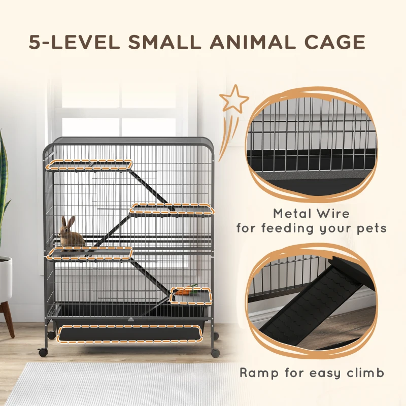 PawHut 53.5"H Small Animal Cage 5-Level Metal Ferret Cage for Rabbits