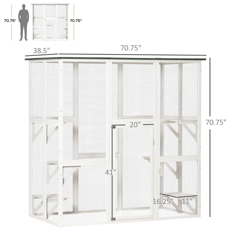 PawHut Outdoor Cat House Big Catio Wooden Feral Cat Shelter Enclosure with Large Spacious Interior, 6 High Ledges, Weather Protection Asphalt Roof, 71" L, White