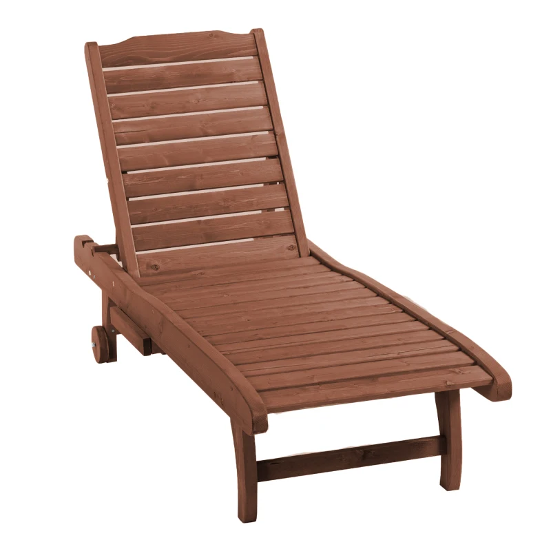 Outsunny Chaise Lounge Chair Outdoor Wooden Pool Lounge Chair with 3-level Adjustable Backrest, Built-In Table and Rolling Wheels