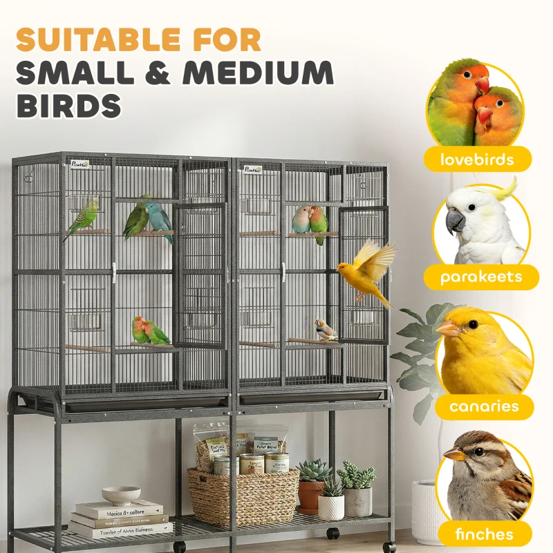 PawHut 56"H Bird Cage, Parrot Cage w/ Detachable Rolling Stand, Removable Tray, Storage Shelf, Perches, Food Container