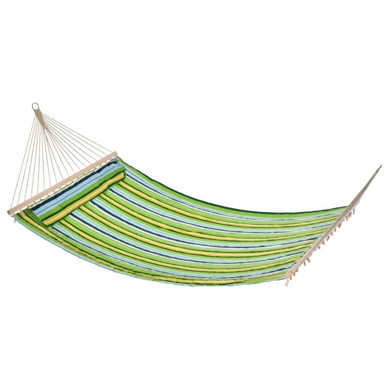 Outsunny 83" Patio Double Hammock, Wide Outdoor Hammock Bed Striped Fits 2 People Sunbed Camping hang Sleep w/ Pillow, White Stripe