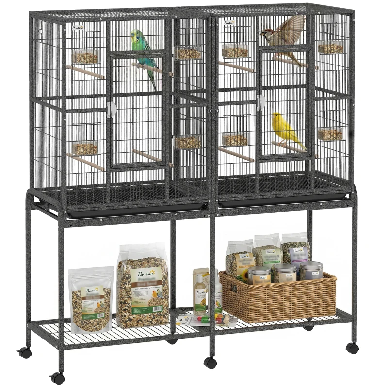 PawHut 56"H Bird Cage, Parrot Cage w/ Detachable Rolling Stand, Removable Tray, Storage Shelf, Perches, Food Container