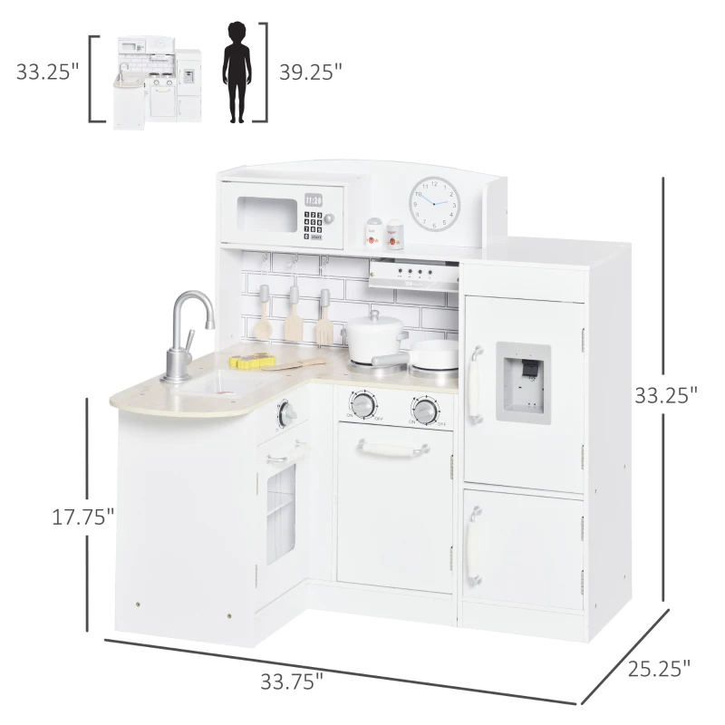 Qaba Corner Kids Kitchen Playset, Wooden Pretend Toy Kitchen Set with Drinking Fountain, Microwave, Fridge and Accessories, Pretend Play Kitchen for 3+ Years, White