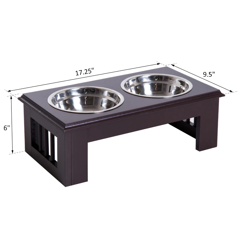 PawHut 6" Height Small Puppy Dog Feeding Station for Messy Pets, Stainless Steel Elevated Dog Bowls with Modern Wooden Frame, Dog Food Stand Pet Feeding Station, Dark Brown