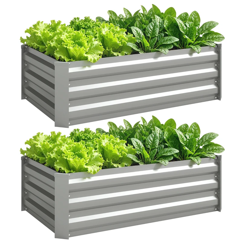 Outsunny Set of 2 Galvanized Raised Beds for Garden, Outdoor Planter Box for Flowers, Herbs and Vegetables, Light Grey