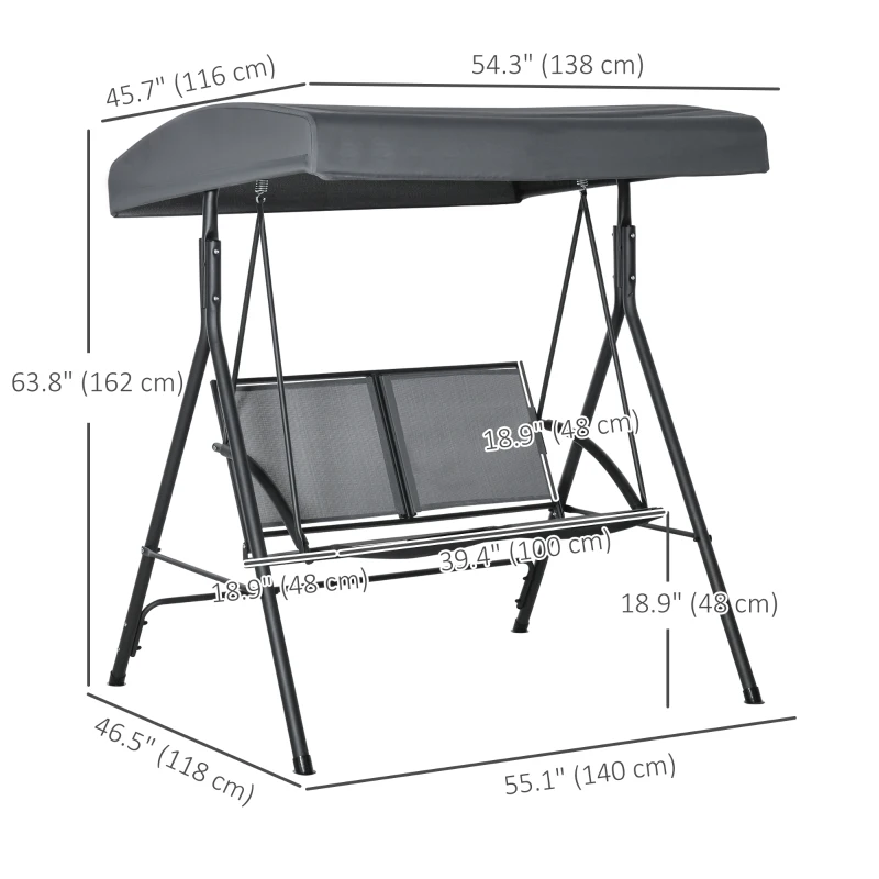 Outsunny 2-Seat Patio Swing Chair, Outdoor Porch Swing Glider w/ Tilting Canopy and Weather Resistant Steel Frame, Dark Grey