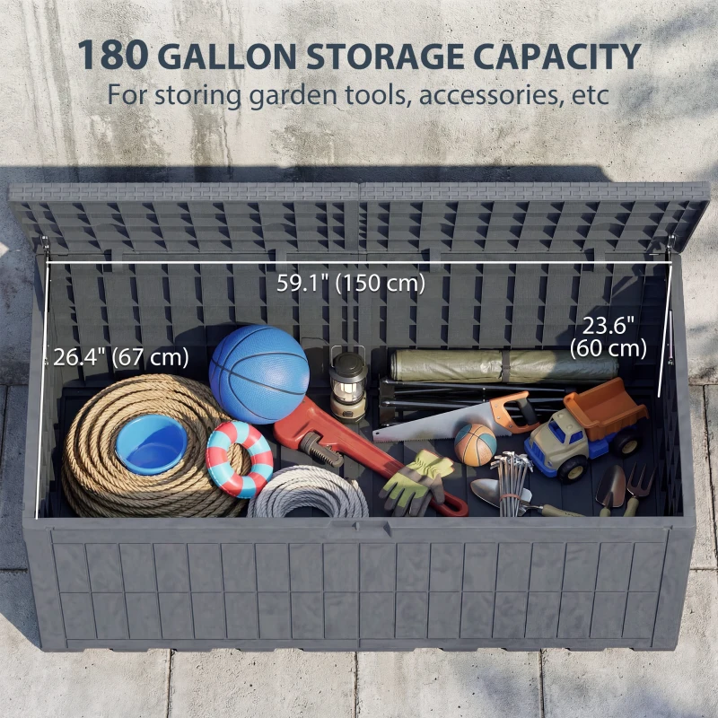 Outsunny 180 Gallon Resin Deck Box, Waterproof Lockable Outdoor Storage Box with Pneumatic Gas Rods, Side Handles