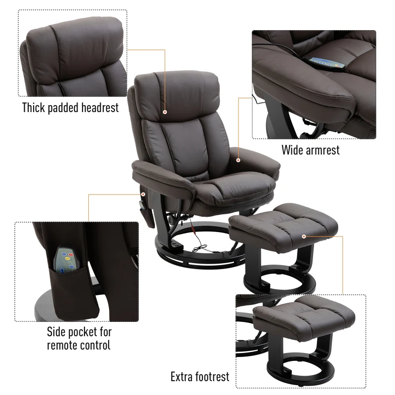 HOMCOM PU Leather Massage Sofa Recliner Chair with Ottoman Heated 10 Point Vibration Swiveling Armchair, Brown