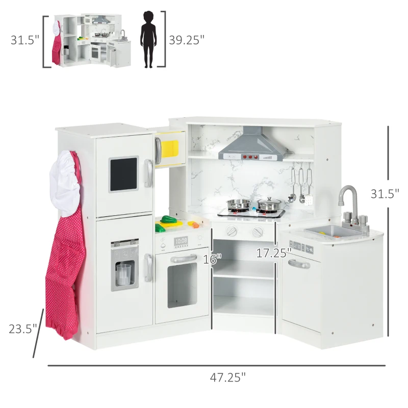 Qaba Play Kitchen Set for Kids w/ Apron and Chef Hat, Ice Maker White