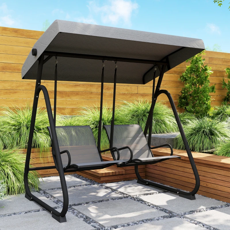 Outsunny Patio Swing Chair w/Adjustable Canopy Outdoor Porch Swing w/Dual Independent Seats 2-Seat Grey