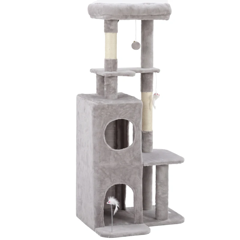 PawHut 52" Cat Tree, Multi-Level Large Cat Tower House with 2-Tier Condo, Bed, Sisal Scratching Posts, Light Grey