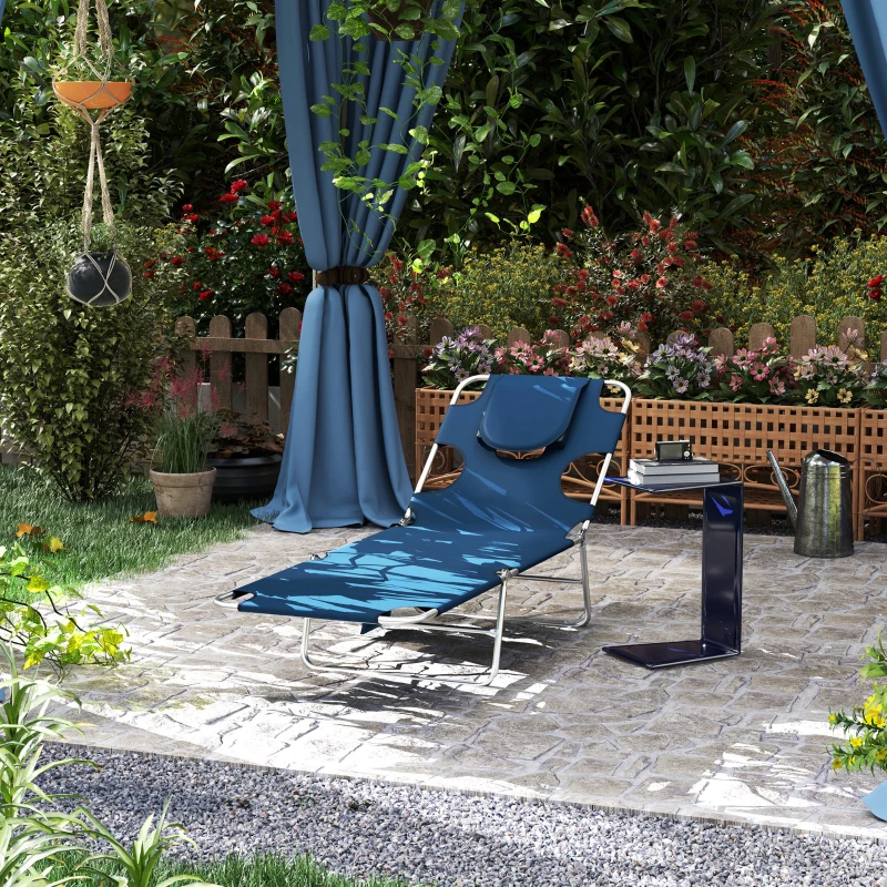 Outsunny Tanning Chair with Face Hole, 5-Level Adjustable Outdoor Chaise Lounge Chair with Pillow for Beach, Pool, Dark Blue
