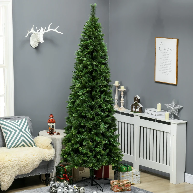 HOMCOM 7.5' Artificial Pencil Christmas Trees, with Auto Open, Steel Base, Pine Needles, for Home Xmas Decoration