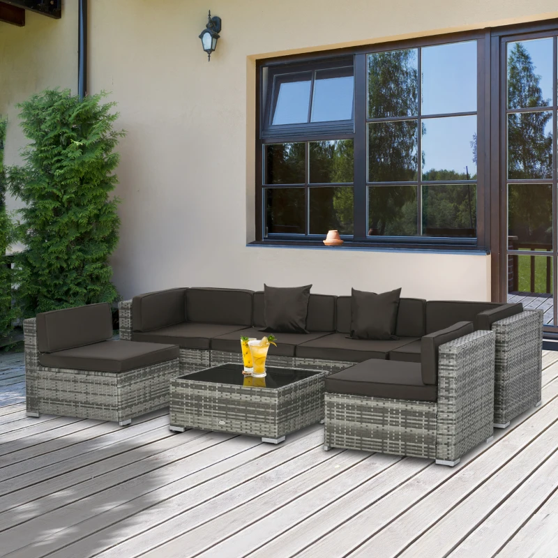 Outsunny 7 Piece Patio Furniture Set, Wicker Outdoor Sectional Sofa Set, All Weather PE Rattan Outdoor Furniture Conversation Sets with Cushions, Glass Top Coffee Table, Pillows, Charcoal