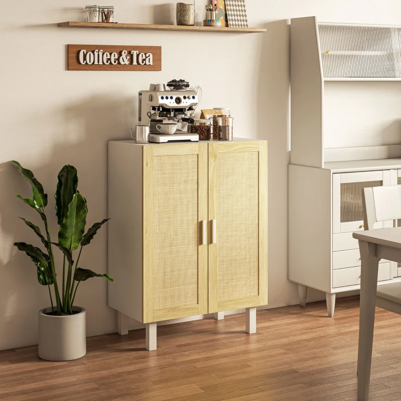 HOMCOM Boho Kitchen Cabinet, Buffet Cabinet with 2 Rattan Doors and Adjustable Shelves for Dining Room, White and Natural