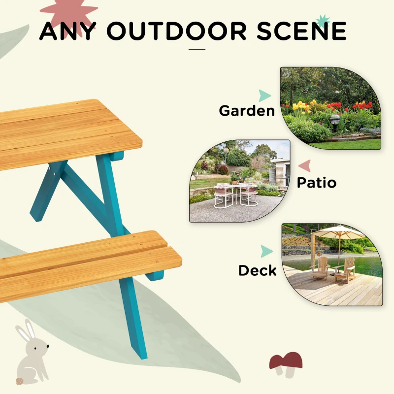 Outsunny Kids Outdoor Table Set Wooden Toddler Picnic Table & Benches for 4 Kids 3-8 Years Old, Easy Installation, Natural Wood