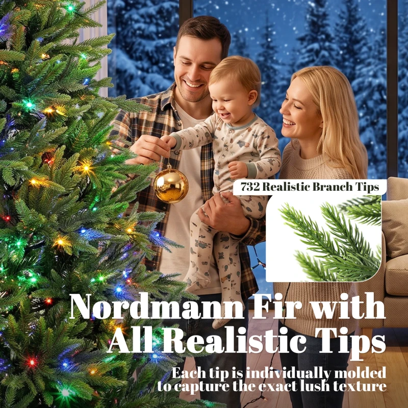 HOMCOM 6ft Prelit Christmas Tree with Dual-Color LEDs, All Realistic Tips, Hinged Xmas Nordmann Fir with 11 Modes, Remote