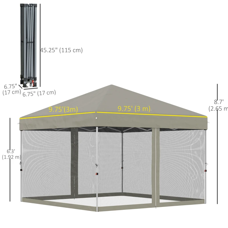 Outsunny 10' x 10' Pop-Up Party Tent Outdoor Canopy Tent with Mesh Sidewalls, 3-Level Adjustable Height, Roller Bag, Beige