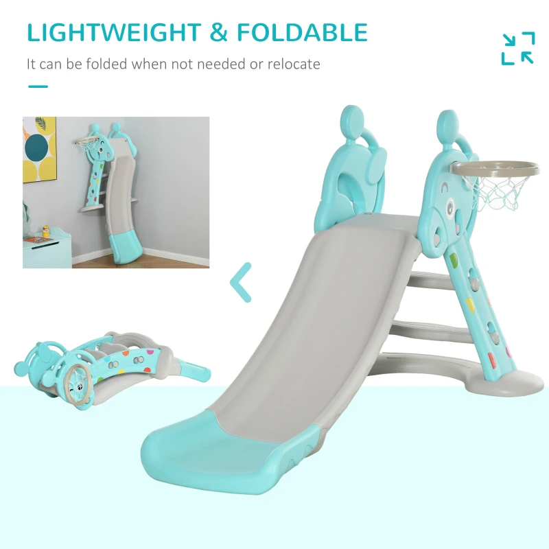 Qaba 2 in 1 Kids Slide with Basketball Hoop, Foldable Toddler Freestanding Slider Playset, for 18 months -4 Years Deer Shaped