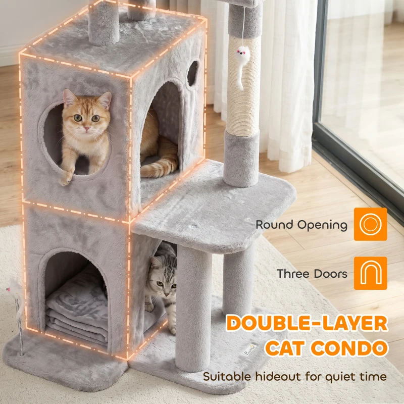 PawHut 52" Cat Tree, Multi-Level Large Cat Tower House with 2-Tier Condo, Bed, Sisal Scratching Posts, Light Grey