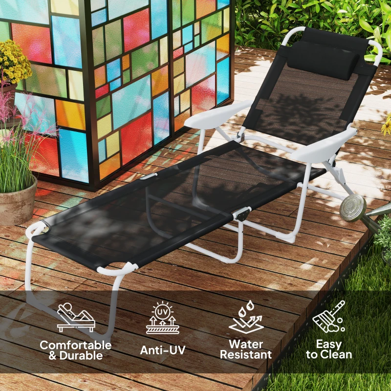 Outsunny Folding Chaise Lounge, Outdoor Sun Tanning Chair, 4-Position Reclining Back, Armrests, Removable Pillow, Black