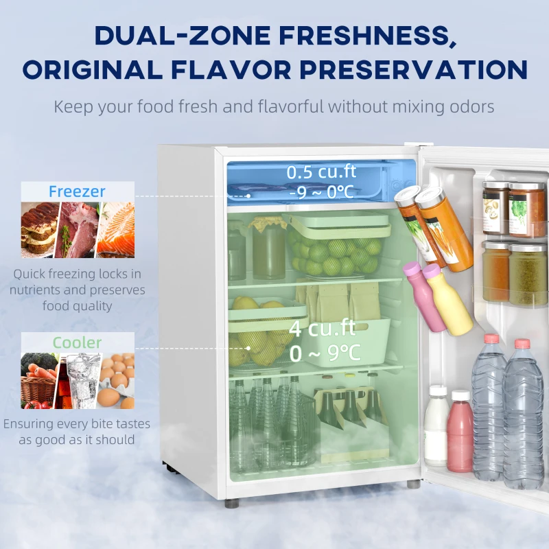 HOMCOM 4.5 Cu.Ft Mini Fridge, Single Door Refrigerator with Freezer, Wheels, Adjustable Thermostat, Reversible Door, White