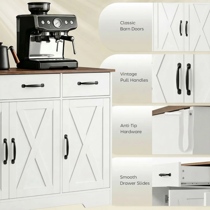 HOMCOM Sideboard Buffet Cabinet, 43" Farmhouse Kitchen Cabinet with 3 Barn Doors, 2 Drawers, 2 Adjustable Shelves, White