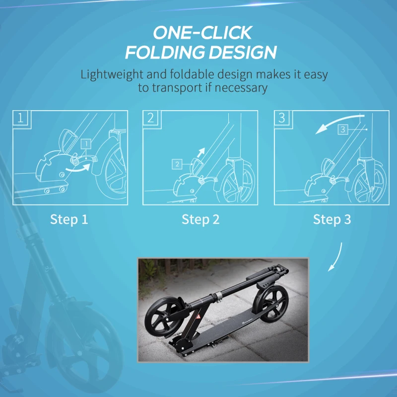 Soozier Kick Scooter for 12 Years and Up, Folding Scooter with 3-Level Height Adjustable Handlebar, Big Wheels and Rear Wheel Brake, Black