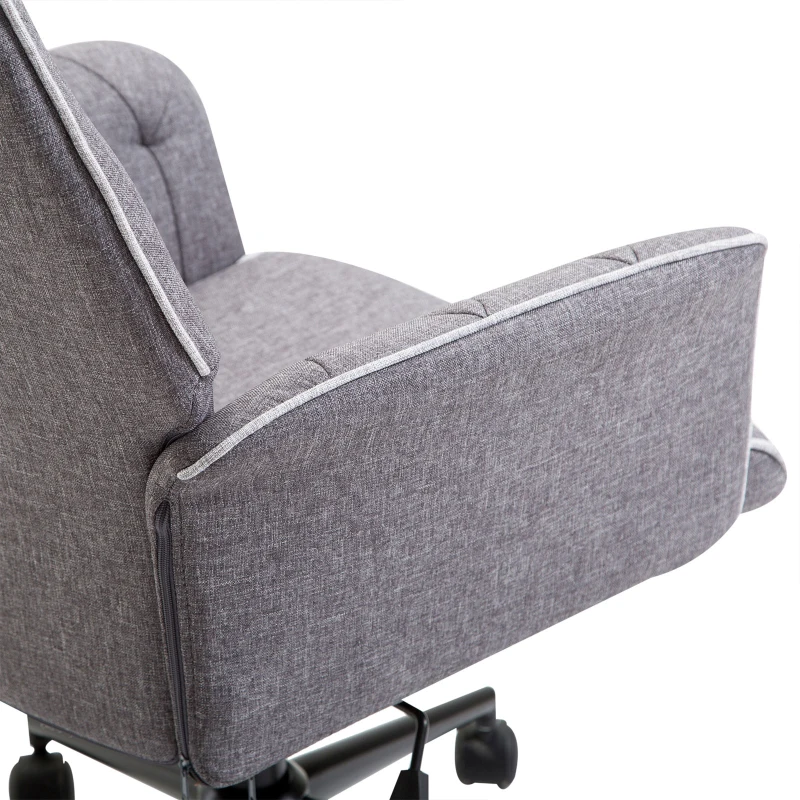 HOMCOM Linen Computer Desk Chair Tufted Height Adjustable Home Office Chair with Swivel Wheels and Padded Armrests Dark Gray
