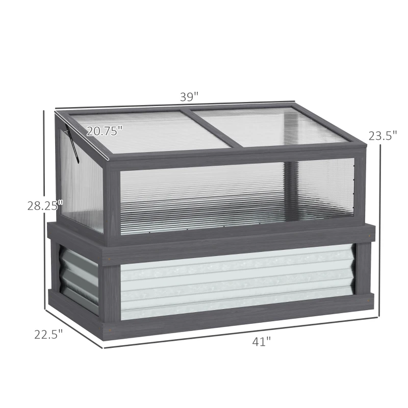 Outsunny Raised Garden Flower Bed Kit with Lean-to Greenhouse, Wooden Cold Frame Planter, 41" x 22.5" x 28.25", Gray