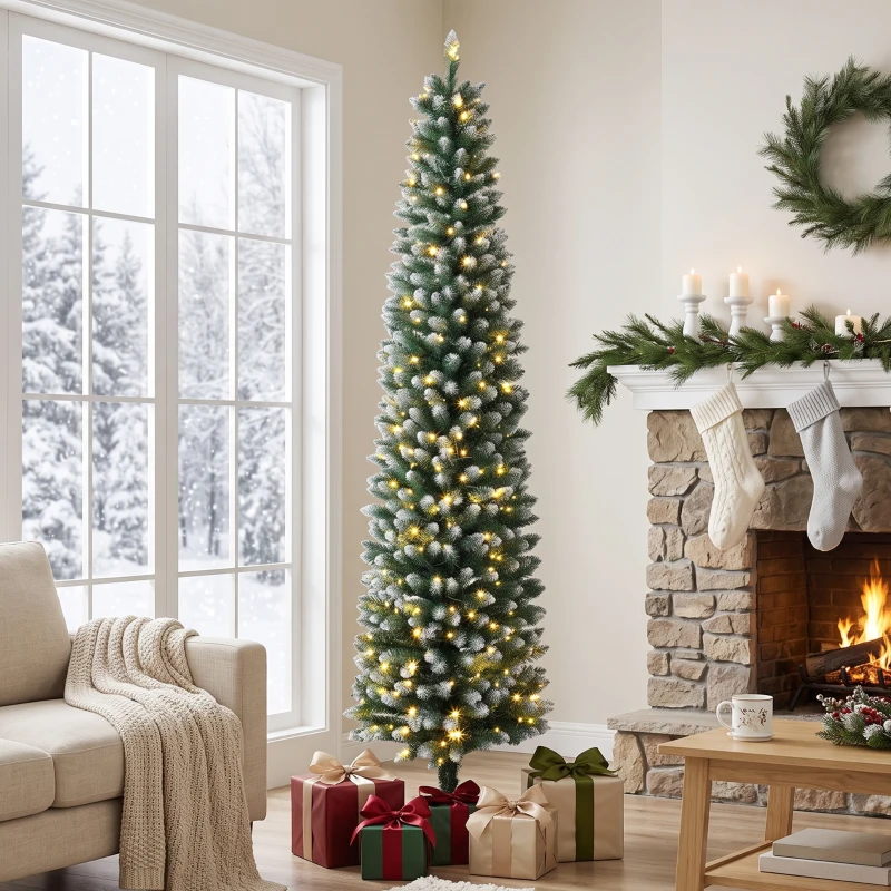 HOMCOM 7ft Pencil Prelit Christmas Tree, Dual Color LEDs, Flocked, Remote, Slim Xmas Tree with 11 Modes, Green White