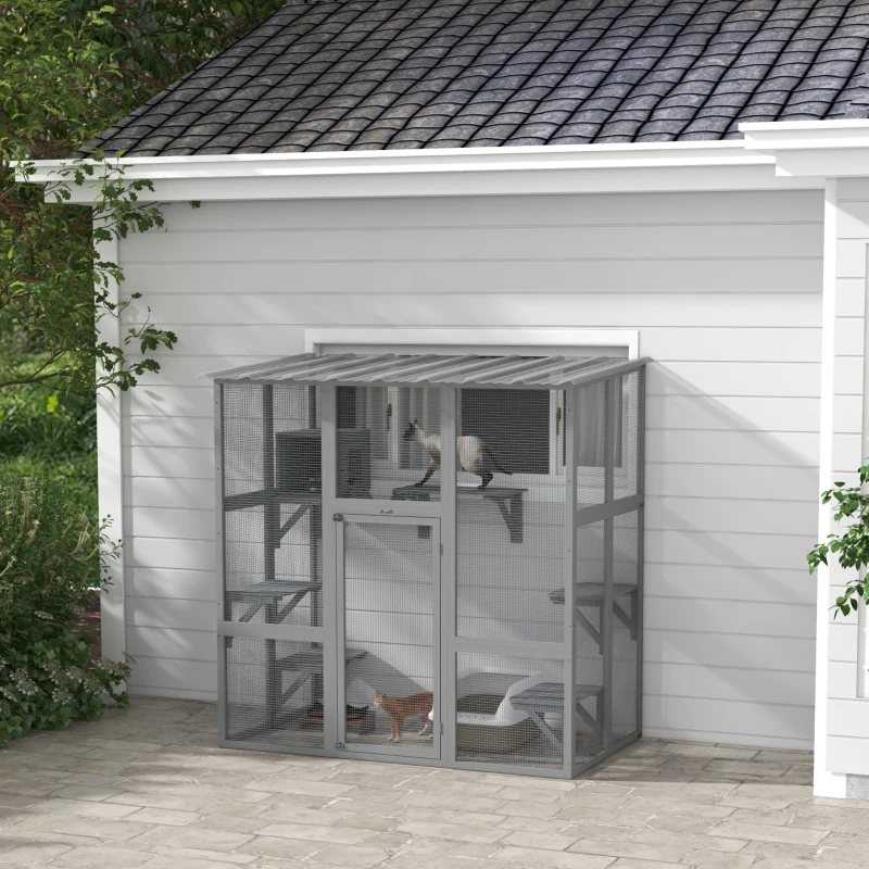 PawHut Catio Outdoor Cat Enclosure, Window Box Wooden Cat House with Bridge Platforms, Gray
