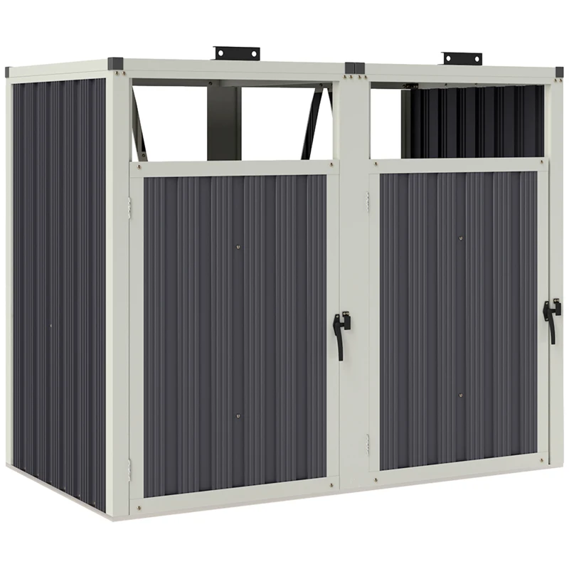 Outsunny Double Garbage Bin Shed, Lockable Outdoor Storage Shed with Openable Lid, Galvanized Frame for Garden Patio, Dark Grey