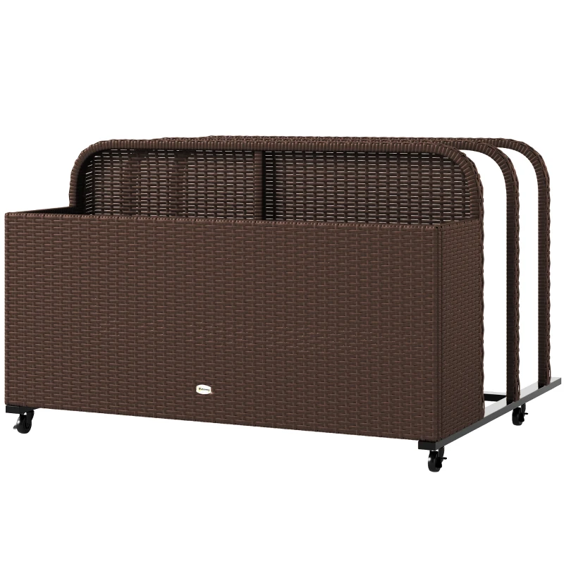 Outsunny Wicker Patio Pool Float Storage Basket, PE Rattan Outdoor Pool Caddy with Rolling Wheels for Floaties, Noodles, Life Vests, Beach Balls, Toys, Brown