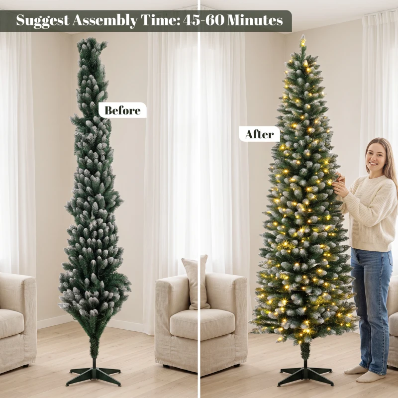 HOMCOM 8ft Pencil Prelit Christmas Tree, Dual Color LEDs, Flocked, Remote, Slim Xmas Tree with 11 Modes, Green White