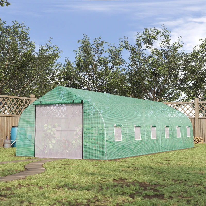 Outsunny 26' x 10' x 7' Walk-in Greenhouse Tunnel, Large Gardening Hot House with 12 Windows, 2 Net Protected Zipper Screen Doors for Backyard, Green