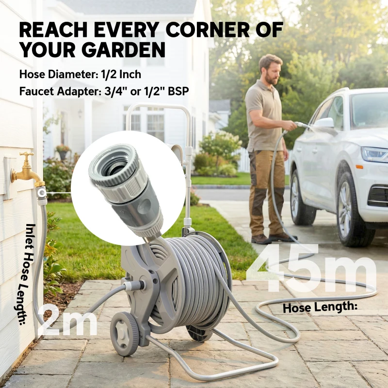 Outsunny Hose Reel Cart with Wheels, 1/2" x 148ft Garden Hose Reel with 2 Patterns Nozzle, Faucet Adaptors, Rewind Handle, Grey