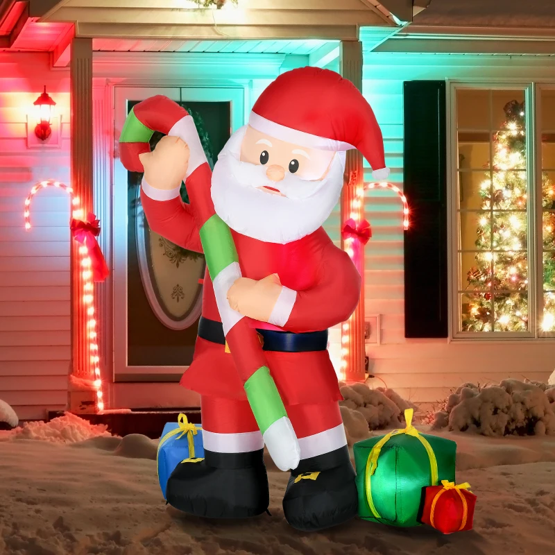 HOMCOM 6ft Christmas Inflatables Outdoor Decorationss Decorations Santa Claus with Candy Cane, Blow-Up LED Yard Christmas Decor