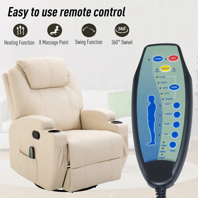 HOMCOM PU Leather Massing Recliner with 8-Point Vibration, Cup Holders, Manual Pull Handle and 360 Swivel, Beige