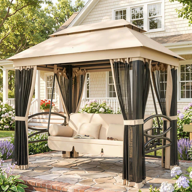 Outsunny 3-Seat Patio Swing Chair, Outdoor Gazebo Swing with Double Tier Canopy, Mesh Sidewalls, Cushioned Seat and Pillows, Beige