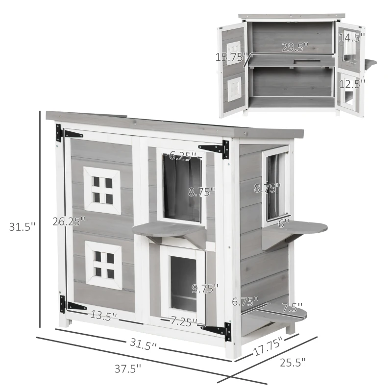 PawHut 2-Tier Cat House, Outdoor Feral Cat Shelter, with Weather Resistant Roof, Escape Door, PVC Curtain, Glass Window, Grey