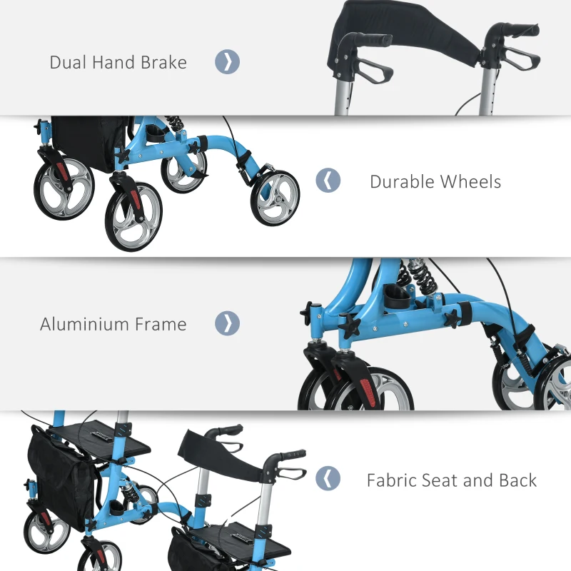 HOMCOM Rollator Walker with Seat and Backrest, Height Adjustable Aluminum Rolling Walker with 10'' Front Wheels, Storage Bag, Lightweight Mobility Walking Aid for Seniors, Adults, 300lb Capacity, Blue