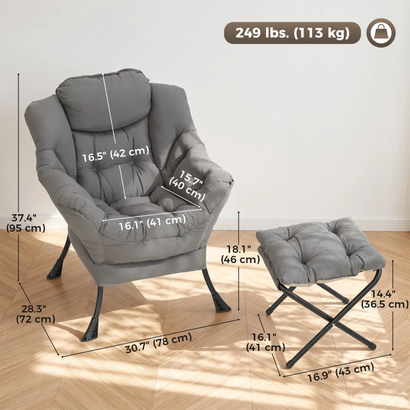 HOMCOM Lazy Chair with Ottoman, Peach Skin Fabric Reading Chair with Foldable Footstool, Plush Cushion, Tufted, Dark Grey