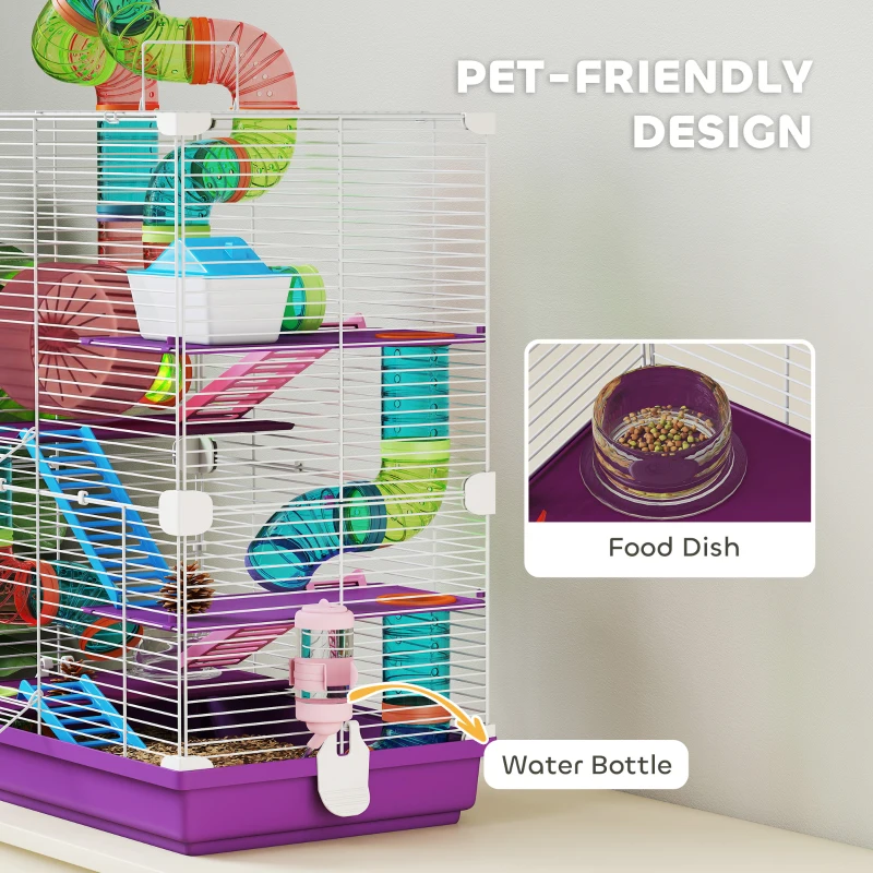 PawHut 5 Tiers Hamster Cage Portable with Exercise Wheels Play Tube Water Bottle Dishes House Ladder for Gerbils, Purple